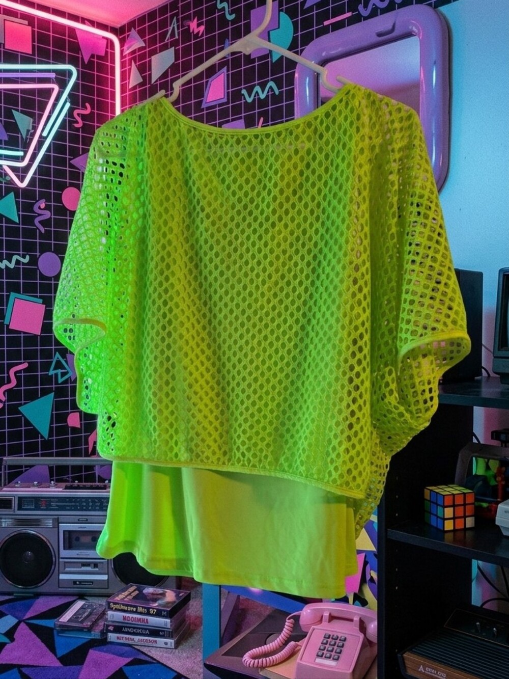 Neon Green Mesh Overlay Women's Top